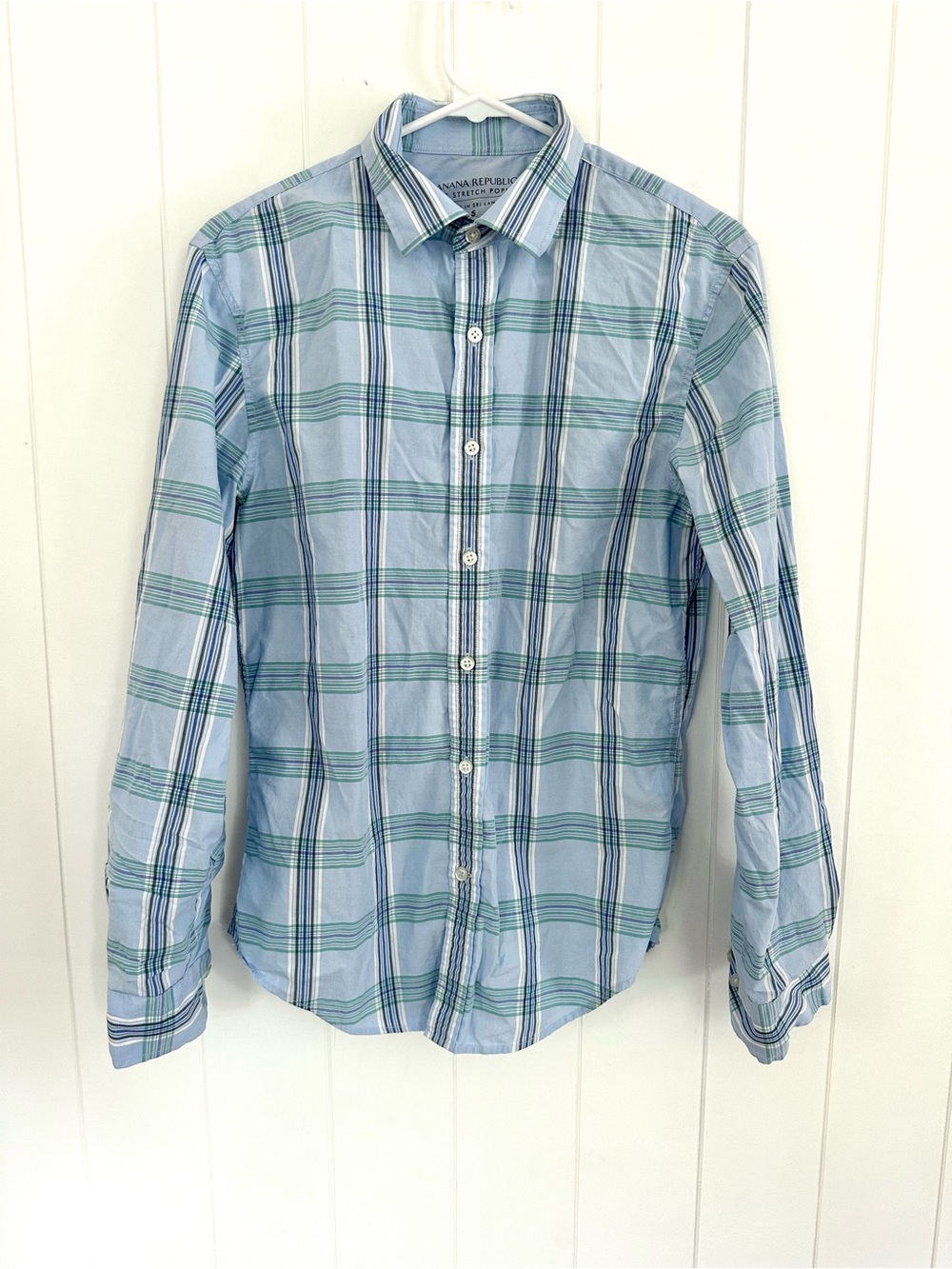 Banana Republic Men’s Light Blue and Green Plaid Button-Down Shirt- small stain